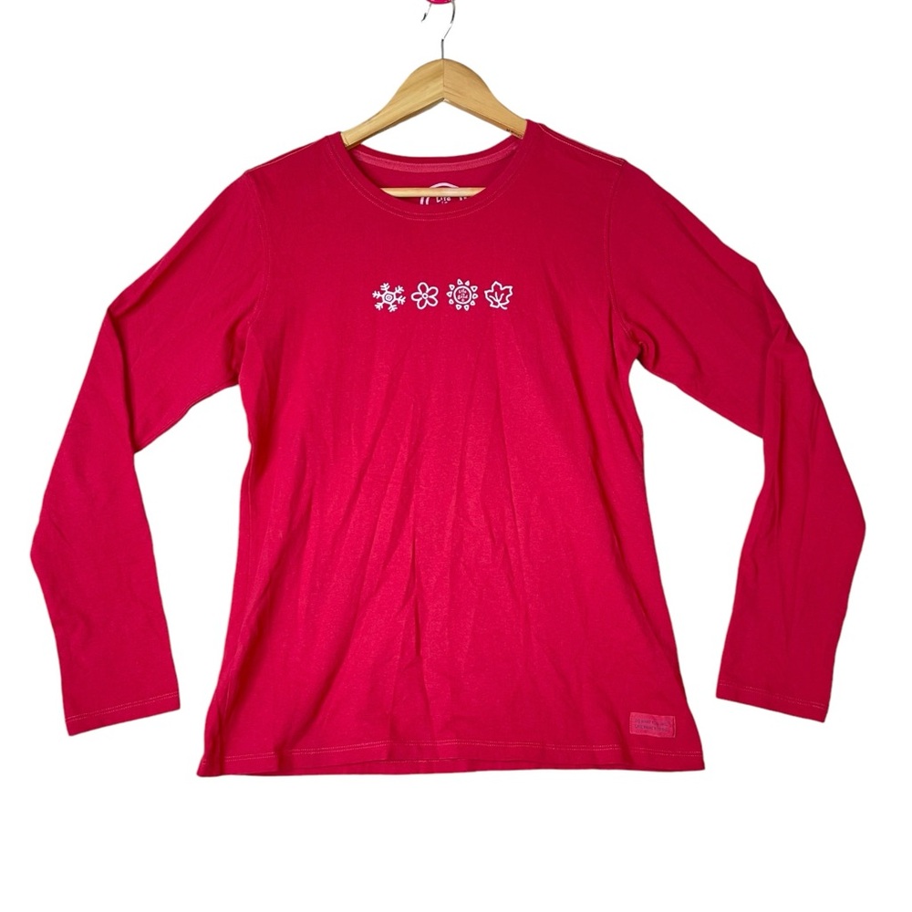 Life Is Good Women Red Long Sleeve Daisy Flower Shirt Crewneck M Classic Fit